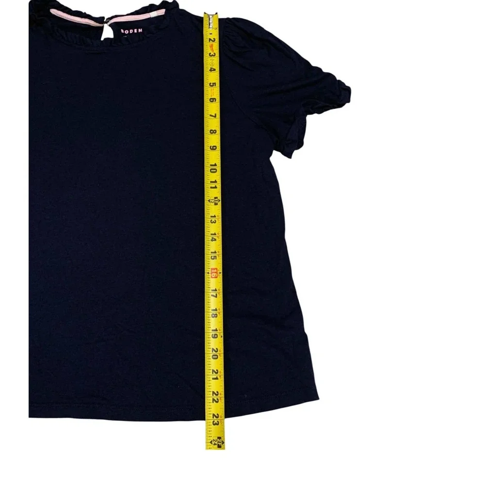 Boden Ruffle Top Womens 16/18 Navy Short Sleeve Puff Knit Dark Academia Style